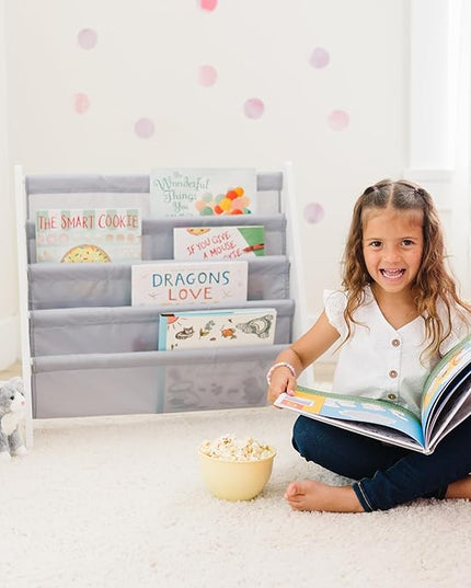 Wildkin Kids Canvas Sling Bookshelf for Boys and Girls, Wooden Design Features Four Fabric Shelves, Keep Bedrooms, Playrooms, and Classrooms Organized, Measures 25 x 24 x 11 Inches (White w/Gray) - LeafyLoom