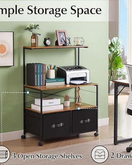 VECELO Mobile Lateral File Cabinet Rolling Printer Stand with 3 Open Storage Shelf, Ideal for Letter Size Folders, with Lockable Casters, Strong Steel Frame, Perfect for Office, 2 Drawer, Brown+Black - LeafyLoom