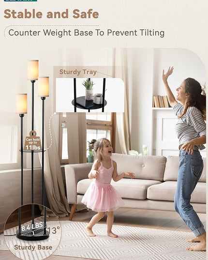LEDIARY 65" Floor Lamp for Living Room 3-Light Modern Floor Lamps with Shelves, Linen Shades Standing Lamp with On/Off Foot Switch for Bedroom, Black Tall Lamp for Office Corner - LeafyLoom