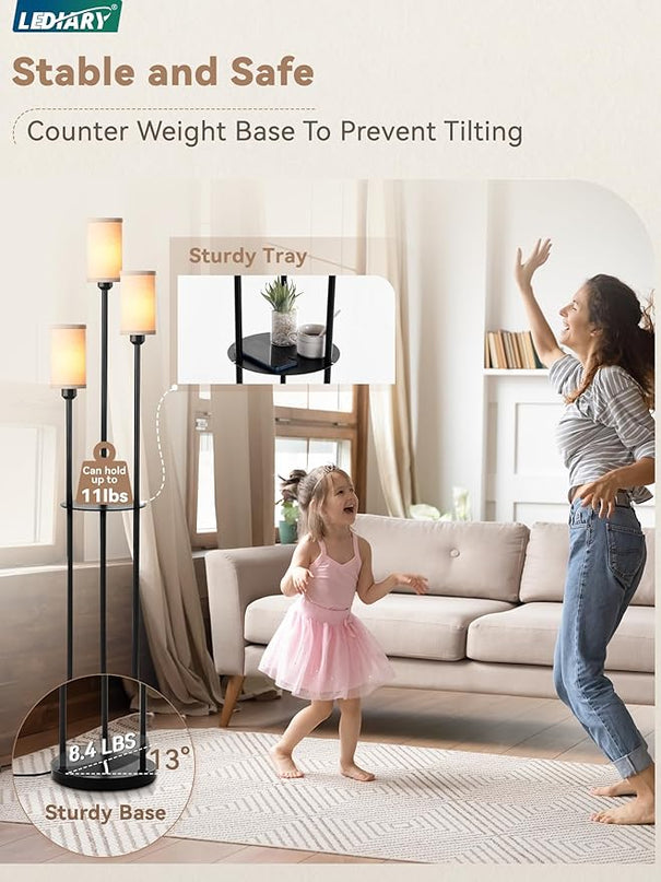 LEDIARY 65" Floor Lamp for Living Room 3-Light Modern Floor Lamps with Shelves, Linen Shades Standing Lamp with On/Off Foot Switch for Bedroom, Black Tall Lamp for Office Corner - LeafyLoom