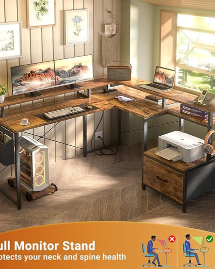 Unikito L Shaped Desk with File Drawer, Reversible L Shaped Computer Desk with Power Outlet & LED Lights, Home Office Desk Corner Desk with Monitor Shelf & Printer Cabinet, Gaming Desk, Rustic Brown - LeafyLoom