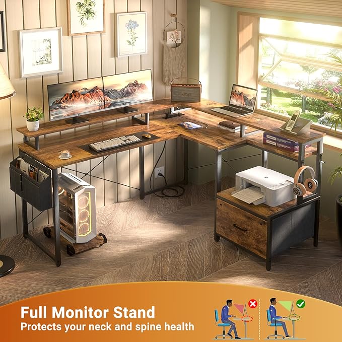 Unikito L Shaped Desk with File Drawer, Reversible L Shaped Computer Desk with Power Outlet & LED Lights, Home Office Desk Corner Desk with Monitor Shelf & Printer Cabinet, Gaming Desk, Rustic Brown - LeafyLoom