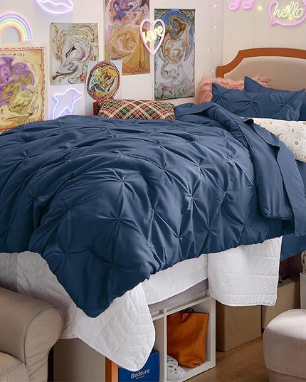 Bedsure Twin Comforter Set with Sheets - 5 Pieces Twin Bedding Sets, Pinch Pleat Navy Blue Twin Bed in a Bag with Comforter, Sheets, Pillowcase & Sham - LeafyLoom