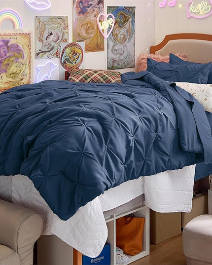 Bedsure Twin XL Comforter Set for Boys - Extra Long 5 Pieces Dorm Bedding Sets, Pinch Pleat Navy Blue Bed in a Bag with Comforter, Sheets, Pillowcase & Sham - LeafyLoom