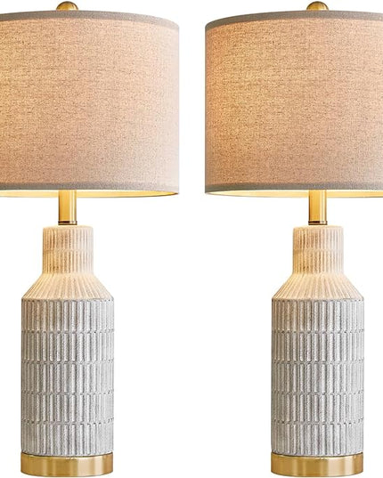 25" Table Lamps Set of 2 - Bedside Lamps - Modern Lamps for Living Room - White Washed Ceramic Bedroom Lamps Set of 2 - Nightstand Lamps - LeafyLoom