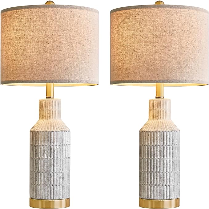 25" Table Lamps Set of 2 - Bedside Lamps - Modern Lamps for Living Room - White Washed Ceramic Bedroom Lamps Set of 2 - Nightstand Lamps - LeafyLoom
