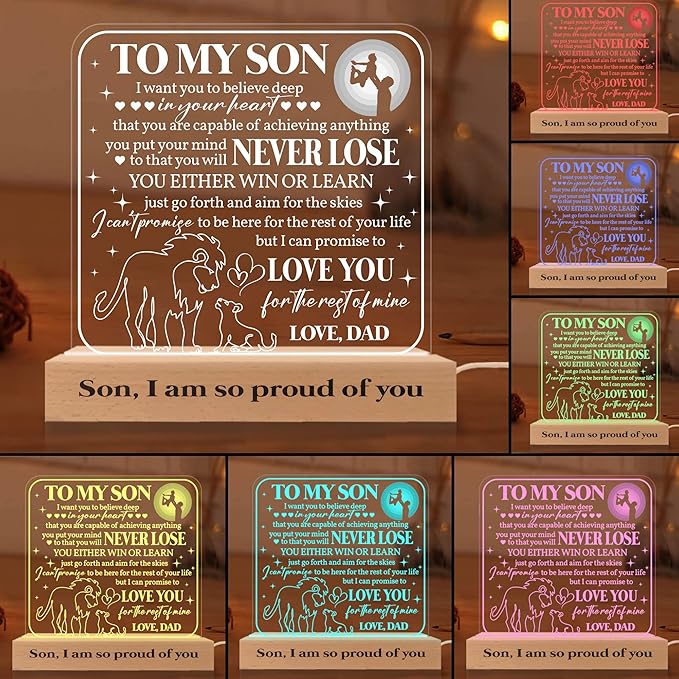 ARTSYWIX Gift for Son from Dad Father, to my Son 3D Illusion Lamp Wooden Base USB Powered Acrylic Night Light, Son Grandson Bonus Son Boy Lamp Present, Gift for Graduation Keepsake Birthday - LeafyLoom