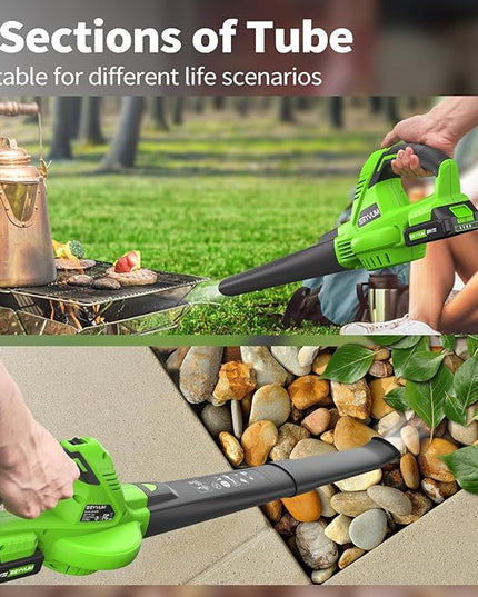 SEYVUM Leaf Blower, 20V Cordless Leaf Blower with 2 Pcs Battery, Electric Leaf Blower for Lawn Care, 320CFM 150MPH Battery Powered Leaf Blower, for Patio, Garden Cleaning, Fast Charger Included, Green - LeafyLoom