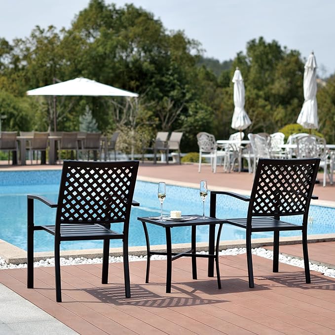 3 Piece Iron Bistro Set Stackable Outdoor Patio Furniture Set with 2 Large Comfortable Porch Chairs and Metal Coffee Table, Black - LeafyLoom