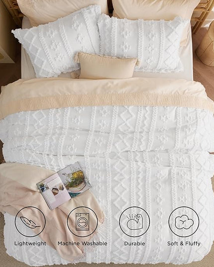 Bedsure Tufted Boho Comforter Set California King - Linen Boho Bedding Comforter Set, 3 Pieces Farmhouse Shabby Chic Embroidery Bed Set, Soft Jacquard Comforter for Women Men Girls - LeafyLoom