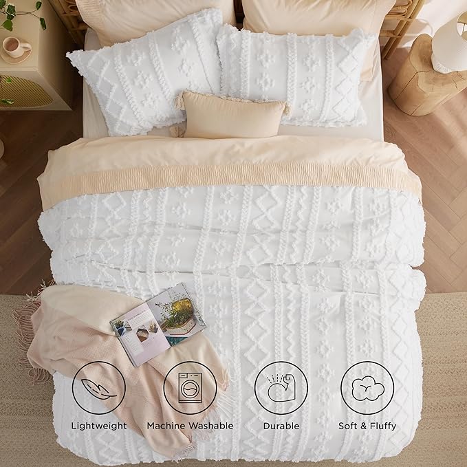 Bedsure Tufted Boho Comforter Set California King - Linen Boho Bedding Comforter Set, 3 Pieces Farmhouse Shabby Chic Embroidery Bed Set, Soft Jacquard Comforter for Women Men Girls - LeafyLoom