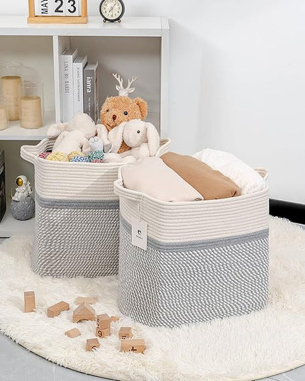 Medium and Large Woven Basket/With Handle, Baskets Laundry Hamper Wicker Tall Cotton Toy Storage Basket,Decorative Basket for Living room,Basket for Toys, 2bag - LeafyLoom