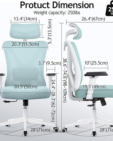 KERDOM Ergonomic Office Chair, Rolling Swivel Executive Desk Chair, Breathable Mesh Gaming Chair with Adjustable Headrest, 3D Armrest and Lumbar Support for Home Office LightBlue - LeafyLoom