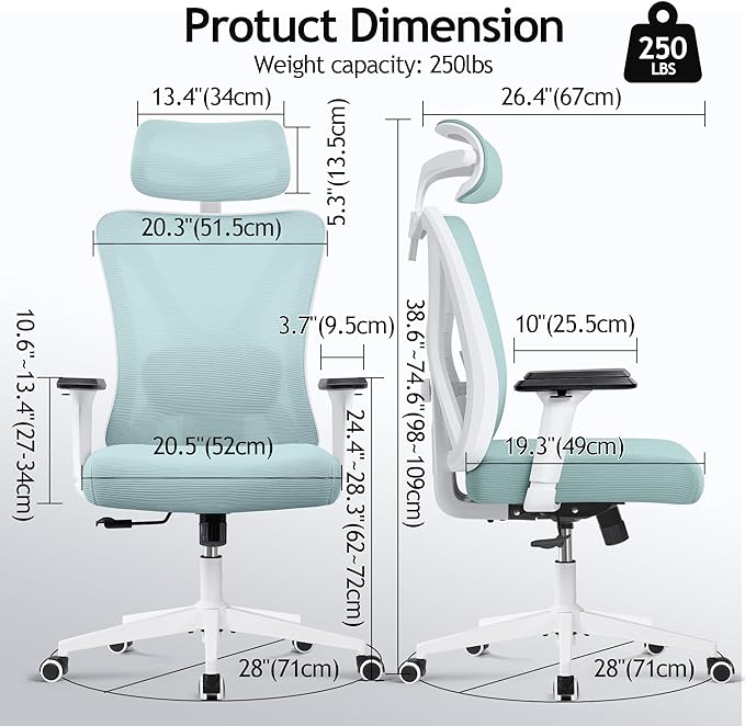 KERDOM Ergonomic Office Chair, Rolling Swivel Executive Desk Chair, Breathable Mesh Gaming Chair with Adjustable Headrest, 3D Armrest and Lumbar Support for Home Office LightBlue - LeafyLoom