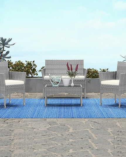 Patio Furniture, 4 Piece Conversation Set, Outdoor Wicker Rattan Table and Chairs, Sectional Sofa with Thick Cushion for Garden, Yard, or Porch, Grey - LeafyLoom