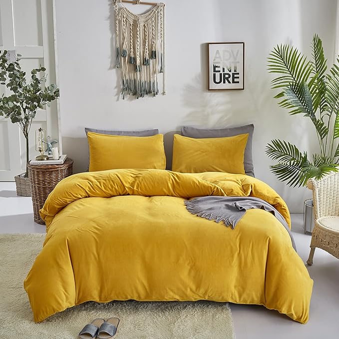 Wellboo Yellow Velvet Comforter Sets Twin Solid Mustard Yellow Fluffy Bedding Comforters Women Girls Plain Turmeric Yellow Sherpa Quilts Dark Yellow Soft Warm Winter Bed Blankets Luxlury Yellow Bed - LeafyLoom