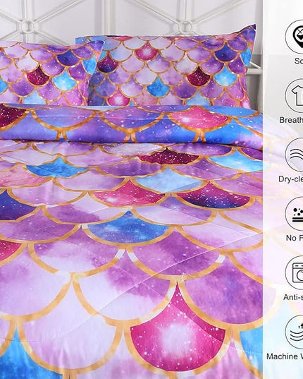 ENCOFT Girls Comforter Sets Full Size, Pink and Purple 3D Mermaid Scale Comforter Set 3 Pieces with Pillow Shams, No Sheet, Full Size Kids Bedding Set, Girls Bedroom Decor - LeafyLoom
