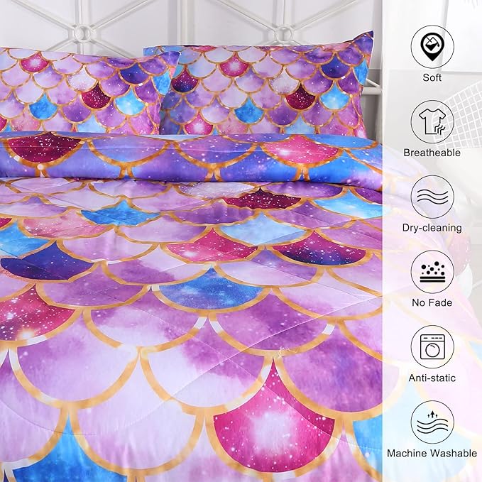 ENCOFT Girls Comforter Sets Full Size, Pink and Purple 3D Mermaid Scale Comforter Set 3 Pieces with Pillow Shams, No Sheet, Full Size Kids Bedding Set, Girls Bedroom Decor - LeafyLoom