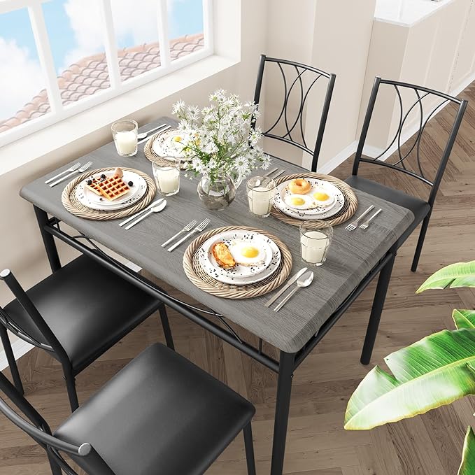 Kitchen Table and Chairs for 4, Dining Table Set for 4 with Upholstered Chairs, Kitchen Table Set Metal and Wood Rectangular Dining Table Set for Small Space, Apartment, Breakfast, Retro Gray - LeafyLoom