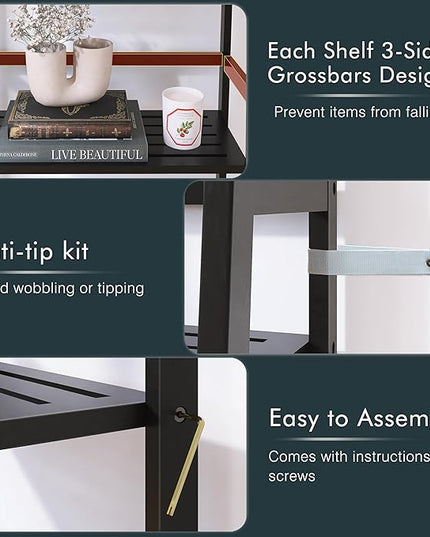 Black Bookshelf, 4-Tier Ladder Shelf, Freestanding Leaning Bookcase with Bamboo Shelves, Space Saving Flower Plant Stand for Small Space - LeafyLoom