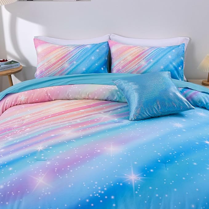 Btargot Super Soft 6 Pieces Gradient Star Ring Comforter Set, Colorful Glitter Rainbow Star Pattern Bedding Set for Boys Girls Teens, Twin Light Blue - LeafyLoom