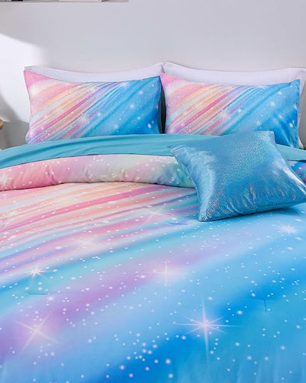 Btargot Super Soft 6 Pieces Gradient Star Ring Comforter Set, Colorful Glitter Rainbow Star Pattern Bedding Set for Boys Girls Teens, Full Light Blue - LeafyLoom