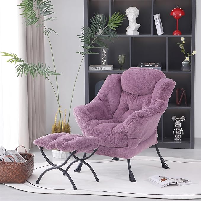 Lazy Chair with Ottoman, Modern Accent Chair Contemporary Lounge Leisure Upholstered Sofa Chair Set with Armrests, Reading Chair for Living Room, Bedroom, Office, Plush Purple - LeafyLoom