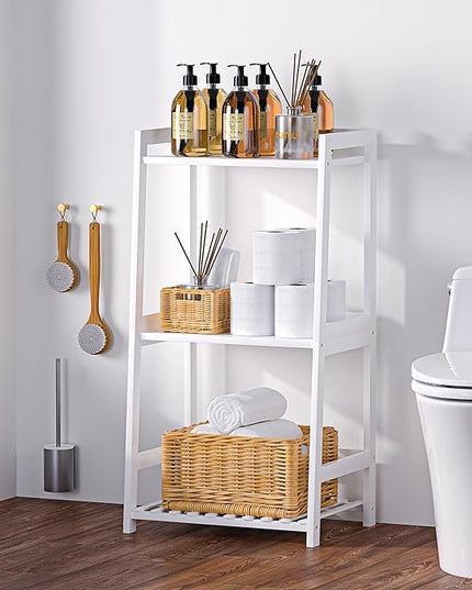 Bathroom Shelves, 3 Tier Ladder Shelf Bamboo Nightstand Open Shelving, Bookshelf Bookcase End Table Plant Stand for Living Room, Bedroom, Bathroom, Kitchen, Balcony - LeafyLoom
