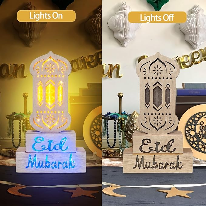 12" Ramadan Decorations, Wooden Ramadan Lantern Block with Yellow Blue Lights Eid Mubarak Ramadan Table Centerpieces for Ramadan Gifts Muslim Islam Festival Decor Eid Al Fitr Supplies - LeafyLoom