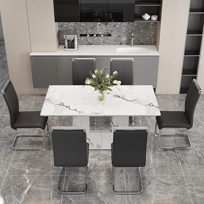 NicBex Simple Dining Table a White Marble Patterned Dining Table Suitable for Kitchen and Living Room, can Accommodate 4-6 People, White - LeafyLoom