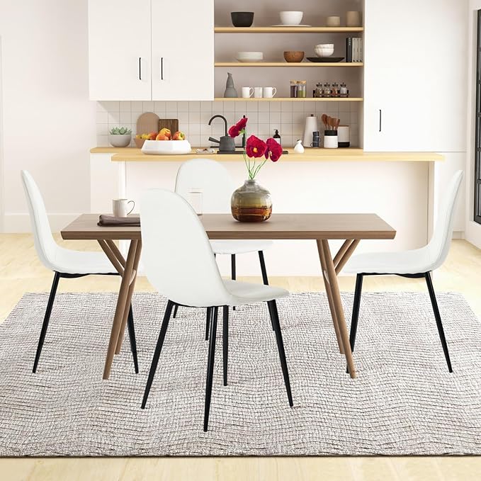 FurnitureR Dining Chairs Set of 4, Fabric Comfy Seat Armless Side Chairs with Metal Legs Mid Century for Home Kitchen Reception Room, Beige - LeafyLoom