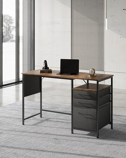 Computer Desk with Drawers, 47 Inch Desk with 2 Drawers and Shelves, Office Desk with Storage, Desk with Storage Bag, Home Office desks with Drawers, Metal Frame for PC Laptop, Rustic Brown - LeafyLoom