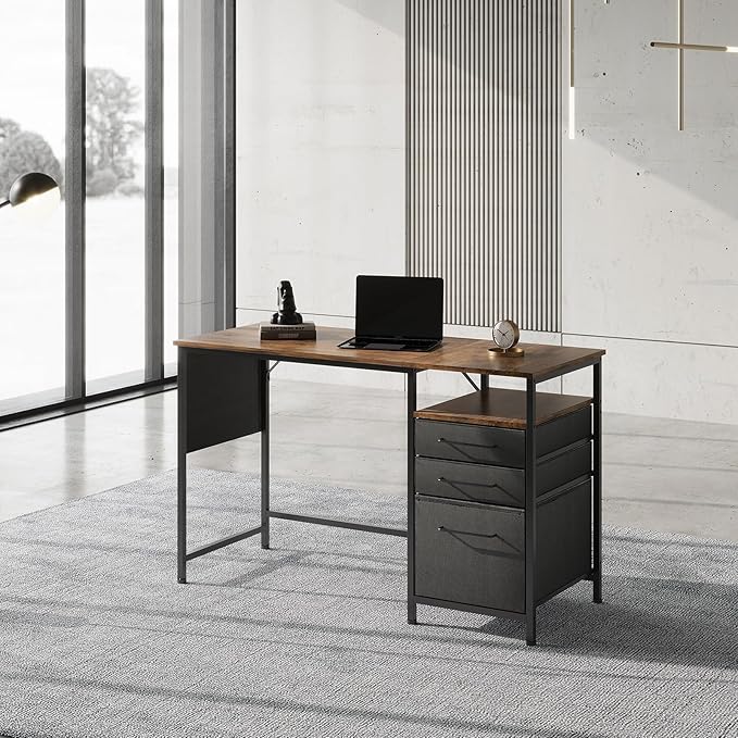 Computer Desk with Drawers, 47 Inch Desk with 2 Drawers and Shelves, Office Desk with Storage, Desk with Storage Bag, Home Office desks with Drawers, Metal Frame for PC Laptop, Rustic Brown - LeafyLoom