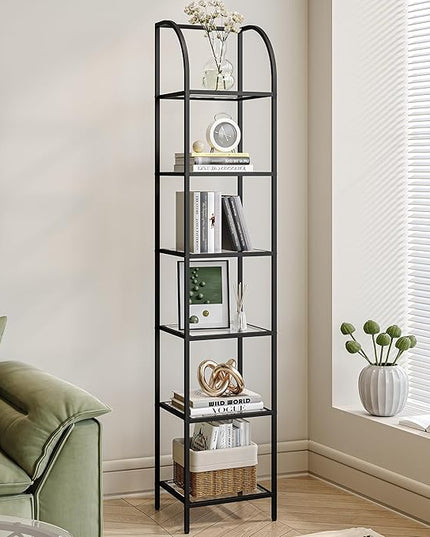 Bookcase Bookshelf, Tempered Glass Arched Bookshelf for More Storage, Slim Shelving Unit for Bedroom, Bathroom, Home Office, Steel Frame, 6 Tier Black BC20699B - LeafyLoom