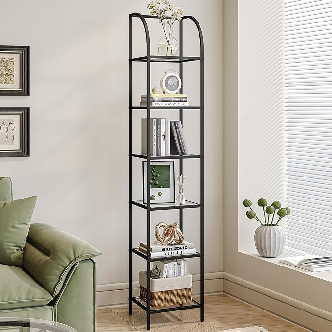 Bookcase Bookshelf, Tempered Glass Arched Bookshelf for More Storage, Slim Shelving Unit for Bedroom, Bathroom, Home Office, Steel Frame, 6 Tier Black BC20699B - LeafyLoom
