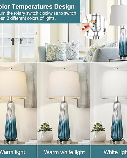 QiMH Table Lamps for Bedroom Set of 2, Glass Table Lamp for Living Room,20W Fast Charge C+A USB Ports, 27.5" Modern Tall Bedside Nightstand Lamp White Lampshade Coastal Decor(LED Bulb Included) - LeafyLoom