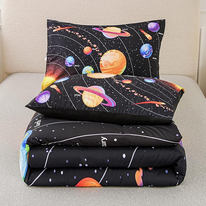 Solar System Comforter Set Twin Outer Space Room Decor Bedding Set 3 Pieces 1 Planets Theme Comforter and 2 Pillow Shams for Boys Kids Ultra-Soft Microfiber All Seasons for Bedroom Sofa - LeafyLoom