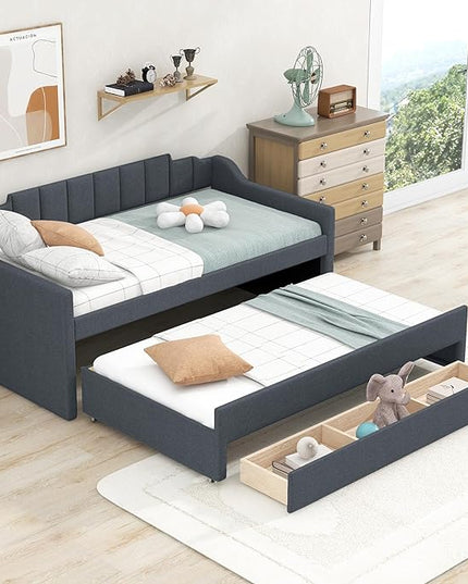 Merax Linen Upholstered Daybed Three Storage Size Wooden Sofa Bed Frame with Backrest and Both Side Armrests for Living, Guest Room, Apartments, Office, Twin with Trundle and Drawers, Grey - LeafyLoom