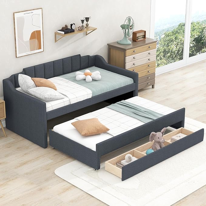 Merax Linen Upholstered Daybed Three Storage Size Wooden Sofa Bed Frame with Backrest and Both Side Armrests for Living, Guest Room, Apartments, Office, Twin with Trundle and Drawers, Grey - LeafyLoom
