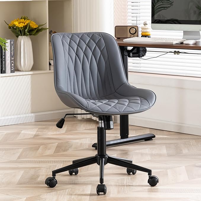 YOUNIKE Desk Chair with Wheels Armless Office Chair Swivel Rolling Task Chair with Back Upholstered Faux Leather Computer Chair Height Adjustable Modern Widened Seat Dusty Blue - LeafyLoom