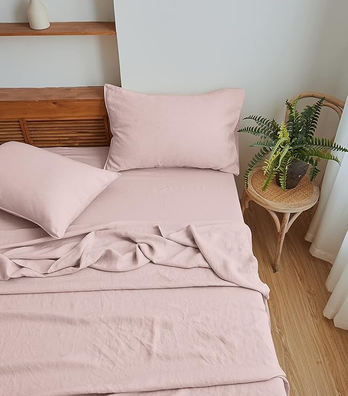 Simple&Opulence 100% Linen Sheet Set Solid Color-4 Pcs Washed French Linen Bed Sheets(1 Flat Sheet,1 Fitted Sheet,2 Pillowcases)-Breathable Bedding Set (King, Blush Pink) - LeafyLoom