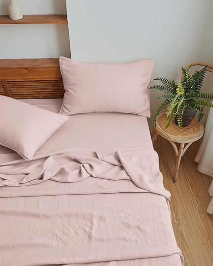 Simple&Opulence 100% Linen Sheet Set Solid Color-4 Pcs Washed French Linen Bed Sheets(1 Flat Sheet,1 Fitted Sheet,2 Pillowcases)-Breathable Bedding Set (Queen, Blush Pink) - LeafyLoom