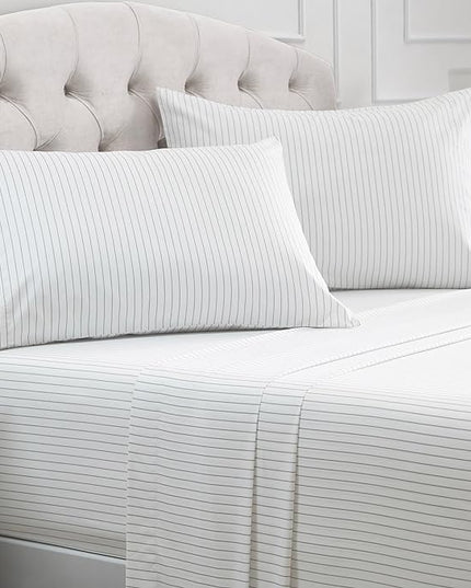 Mellanni Full Sheets Set - 4 PC Iconic Collection Bedding Sheets & Pillowcases - Hotel Luxury, Extra Soft, Cooling Bed Sheets - Deep Pocket up to 16 inch (Full, Pin Stripe Gray) - LeafyLoom
