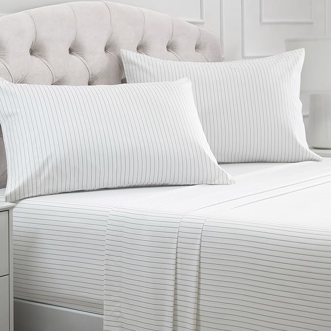 Mellanni Full Sheets Set - 4 PC Iconic Collection Bedding Sheets & Pillowcases - Hotel Luxury, Extra Soft, Cooling Bed Sheets - Deep Pocket up to 16 inch (Full, Pin Stripe Gray) - LeafyLoom