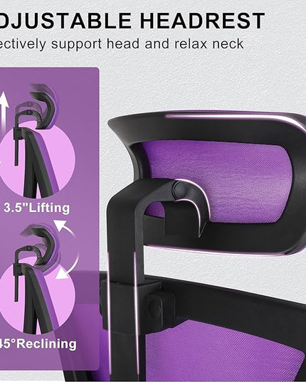 Misolant Ergonomic Office Chair with Footrest, Ergonomic Desk Chair with Adjustable 2D Lumbar Support, High Back Office Chair with Adjustable Headrest, Comfortable Office Chair Purple - LeafyLoom
