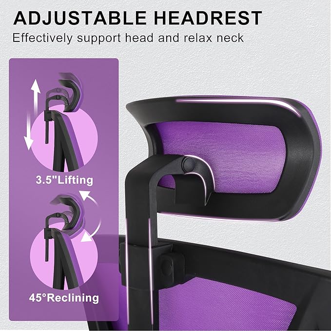 Misolant Ergonomic Office Chair with Footrest, Ergonomic Desk Chair with Adjustable 2D Lumbar Support, High Back Office Chair with Adjustable Headrest, Comfortable Office Chair Purple - LeafyLoom
