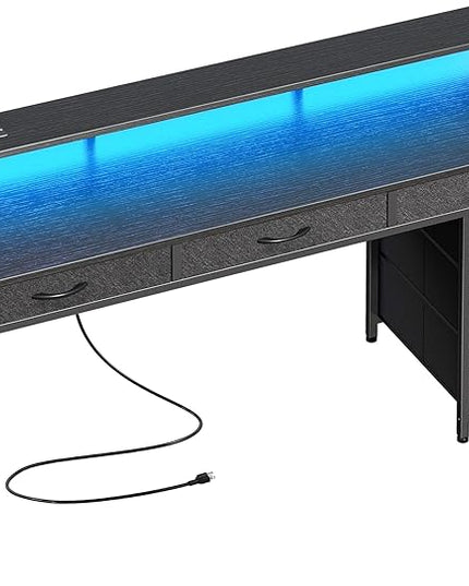 Gaming Desk with 6 Drawers, Computer Desk with LED Lights Power Outlets and Type-C, 54 Inch Office Desk with Storage, Monitor Stand, Writing Desk Work Desk Home Office, Bedroom, Study, Black - LeafyLoom