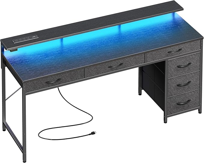 Gaming Desk with 6 Drawers, Computer Desk with LED Lights Power Outlets and Type-C, 54 Inch Office Desk with Storage, Monitor Stand, Writing Desk Work Desk Home Office, Bedroom, Study, Black - LeafyLoom