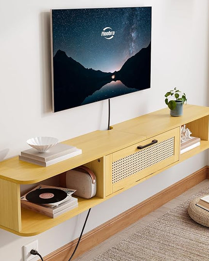 HOOBRO Floating TV Stand for TV up to 65 inches, Wall-Mounted TV Cabinet with 4 Power Outlet, Floating Entertainment Center TV Media Console Shelves with Rattan Flip-Down-Door, Natural NL140UDS01 - LeafyLoom
