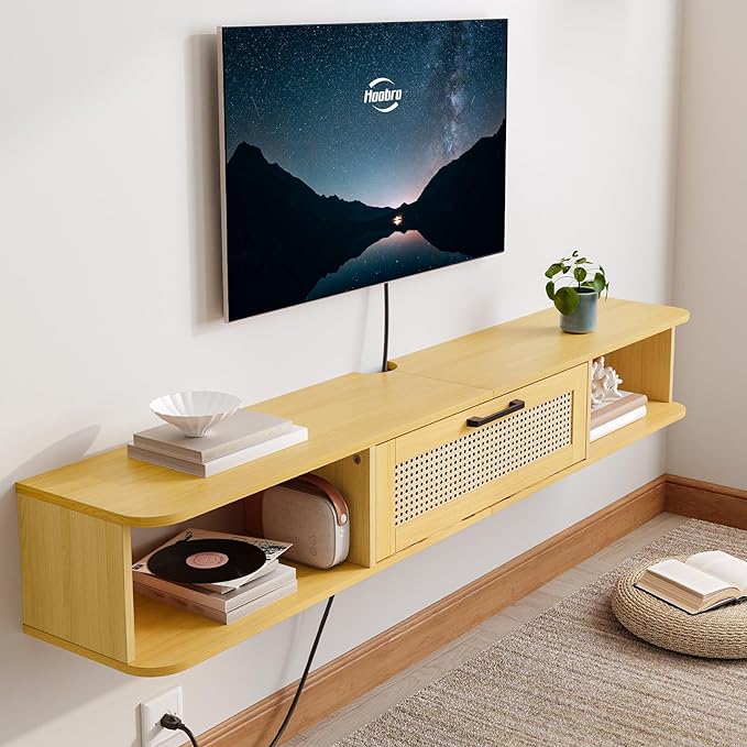 HOOBRO Floating TV Stand for TV up to 65 inches, Wall-Mounted TV Cabinet with 4 Power Outlet, Floating Entertainment Center TV Media Console Shelves with Rattan Flip-Down-Door, Natural NL140UDS01 - LeafyLoom